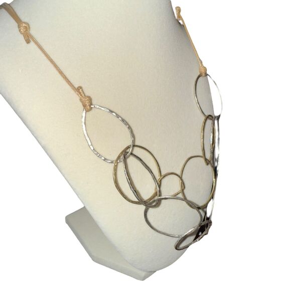 J. Jill Modern Rings Layered Hammered Necklace Silver Gold Tone Adjustable Cord - Picture 5 of 9
